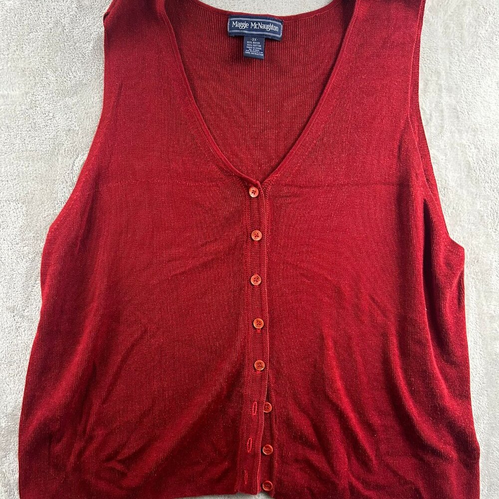 Maggie McNaughton Vest Sweater Buttoned Red 2X V-Neck Sleeveless - Picture 1 of 4